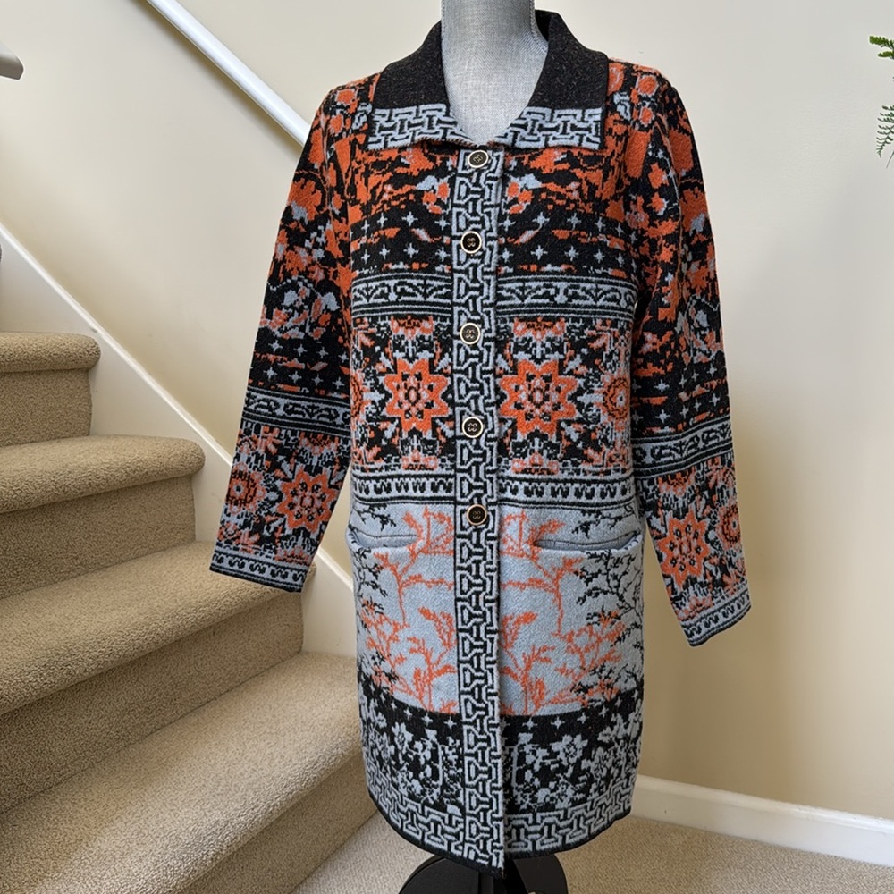 New Badgley Mischka Orange, Black and blue sweater Coat. Size M. - Picture 10 of 16